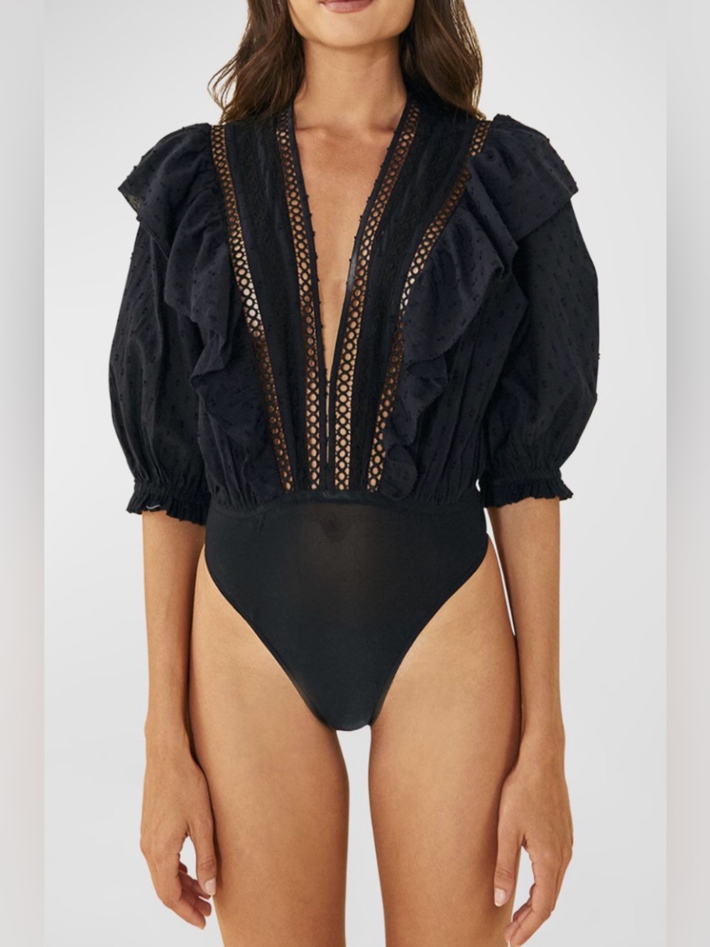 FARM Rio Black Lace-Trim Ruffle Bodysuit